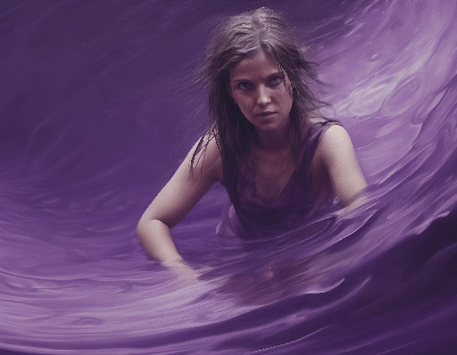 purple painting of a woman in a purple dress in a body of water