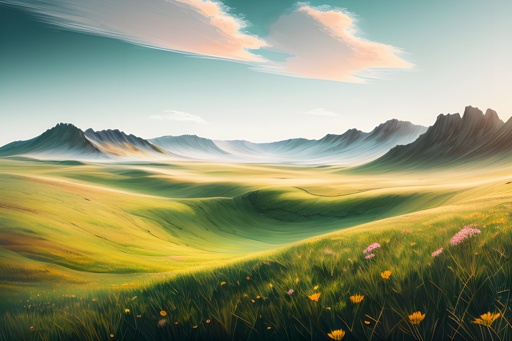 painting of a green field with yellow flowers and mountains in the background