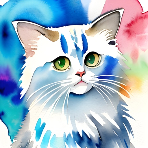painting of a cat with green eyes and a blue tail