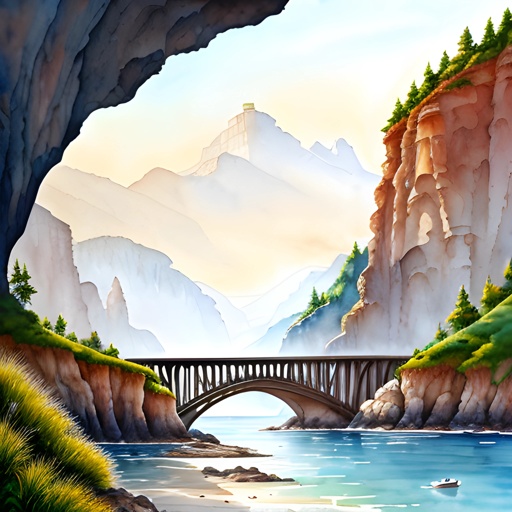 painting of a bridge over a river with a mountain in the background