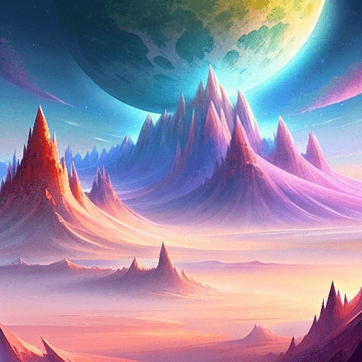 a painting of a mountain landscape with a planet in the distance