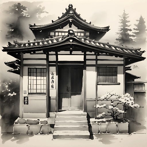 a black and white photo of a japanese house