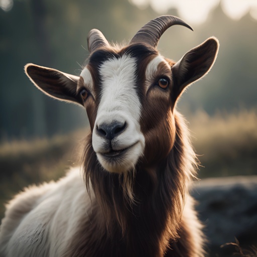 a goat with long horns standing in a field