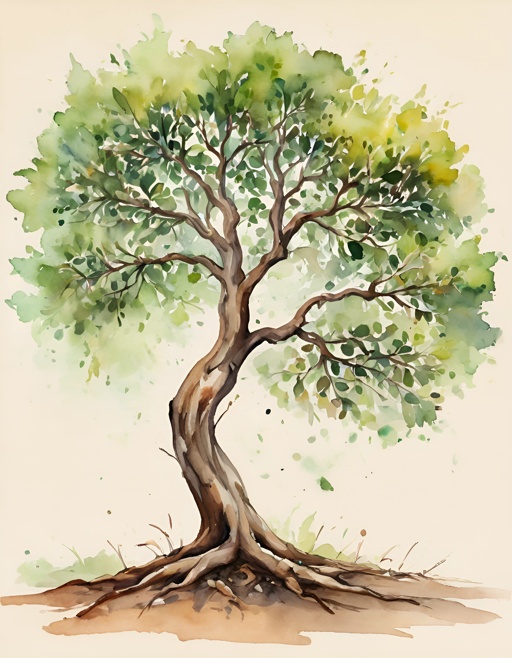 painting of a tree with a green leafy trunk and a brown trunk