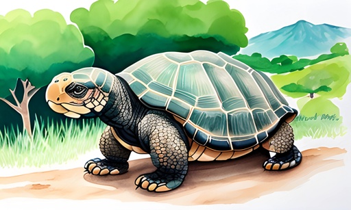 painting of a turtle in the middle of a field with trees