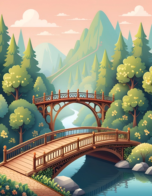 illustration of a bridge over a river in a forest with mountains