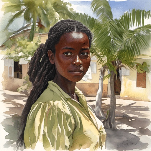 painting of a woman with dreadlocks standing in front of a palm tree