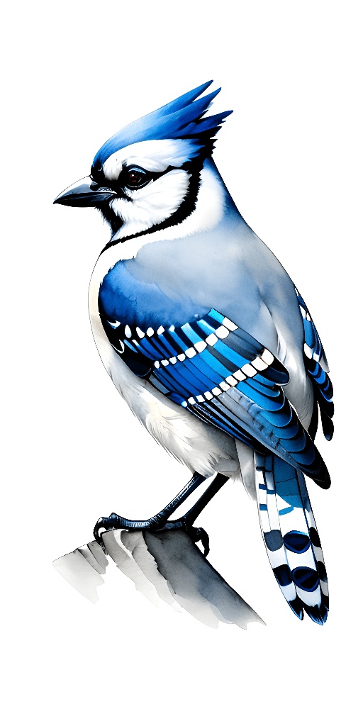 blue jay sitting on a branch with a white background