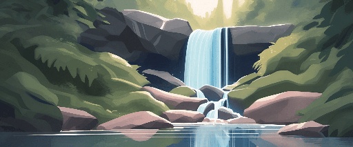 a painting of a waterfall in the middle of a forest