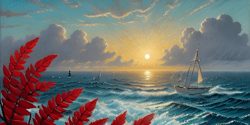 painting of a sailboat in the ocean with a setting sun
