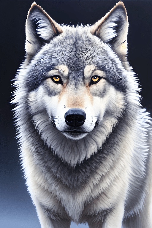 painting of a wolf with yellow eyes and a black nose