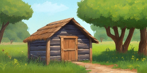 a small cabin in the middle of a field with trees