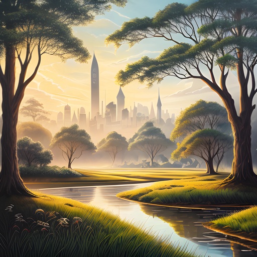 painting of a city skyline with a river and trees in the foreground
