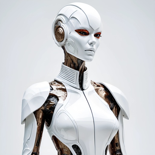 a white robot with red eyes and a white body