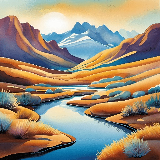 a painting of a river running through a desert