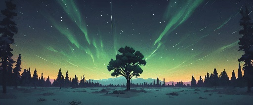 a lone tree in a snowy field with aurora lights in the sky