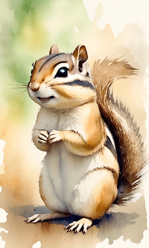 painting of a chipmunk with a white belly and a brown tail