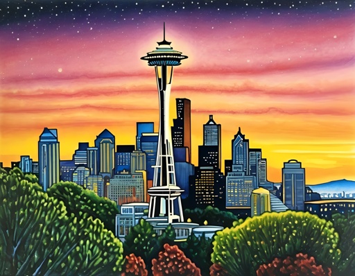 painting of a city skyline with a clock tower in the middle