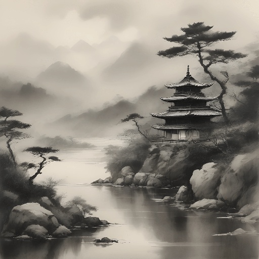 image of a black and white painting of a pagoda