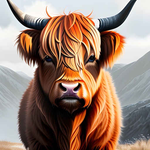 painting of a brown cow with long horns standing in a field