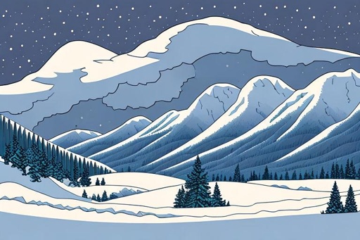 a drawing of a snowy mountain scene with pine trees and snow