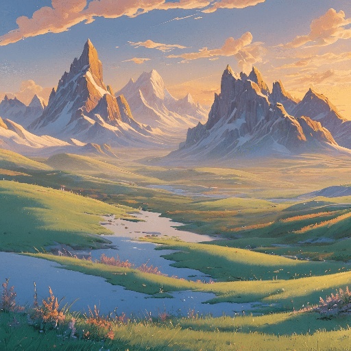 mountains and a river in a valley with a sky background