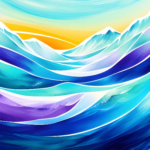painting of a wave with a bright orange sky and mountains in the background