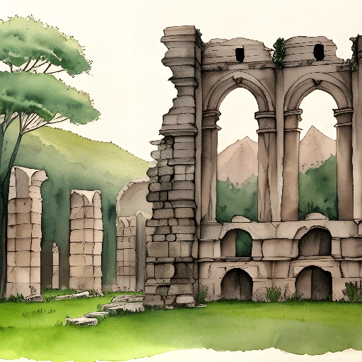 a drawing of a ruined building with a tree in the background