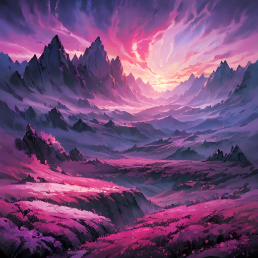 mountains with pink flowers in the foreground and a purple sky