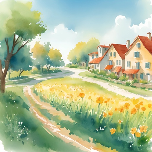 a painting of a country road with houses and flowers