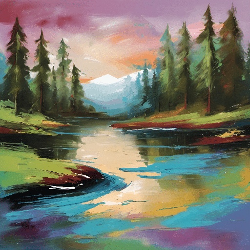 painting of a river with trees and mountains in the background