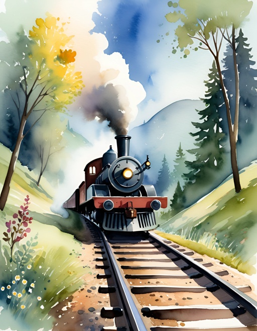 painting of a train traveling down a track with trees and grass