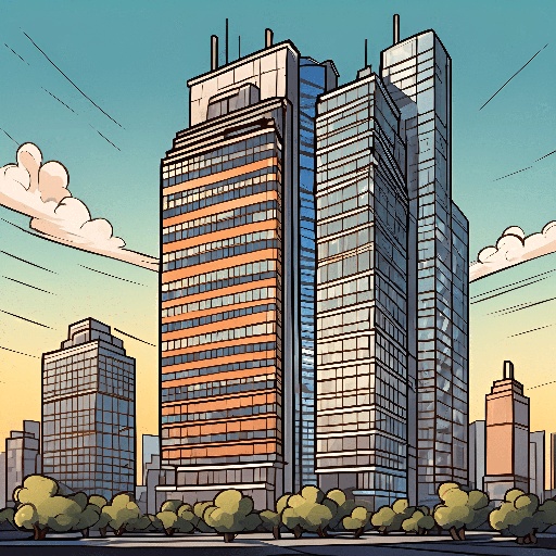 cartoon illustration of a tall building with a sky background