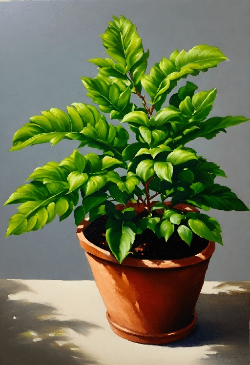 painting of a potted plant with green leaves on a table