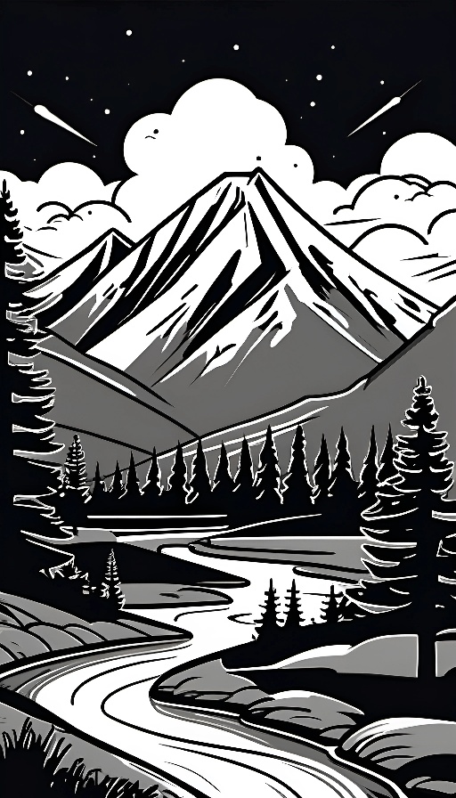 a black and white illustration of a mountain with a river