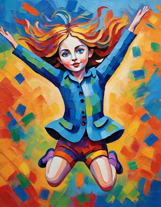 painting of a girl jumping in the air with her arms outstretched