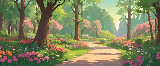 a painting of a path through a park with flowers