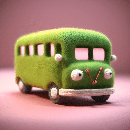 a green toy bus with eyes on it