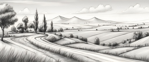 drawing of a landscape with a road and trees in the distance