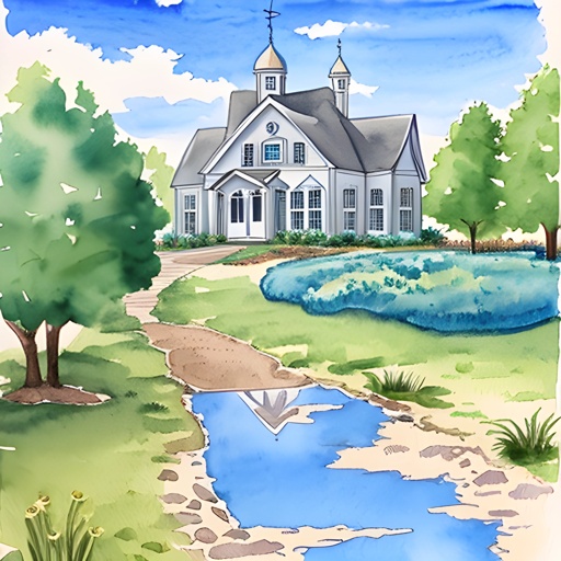 painting of a church with a pond and a tree in front of it