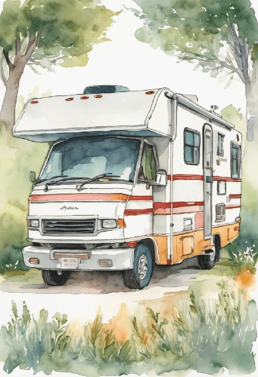 a watercolor painting of a camper van parked in the woods