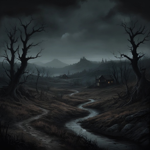 a dark picture of a dark landscape with a house