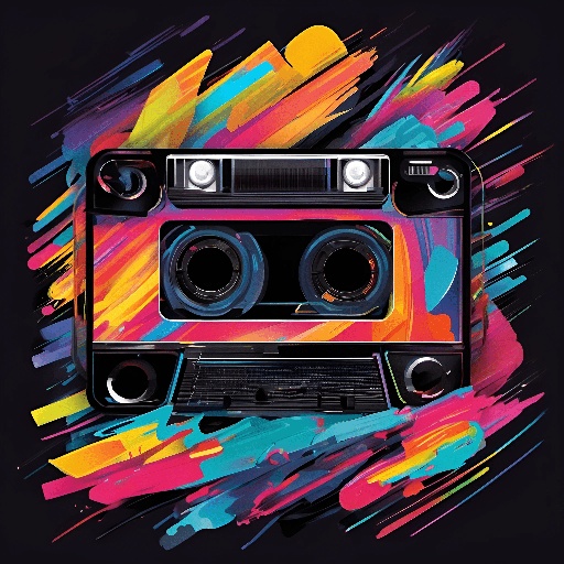 a close up of a cassette player with colorful paint splatters