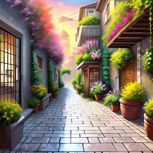 a painting of a narrow street with potted plants