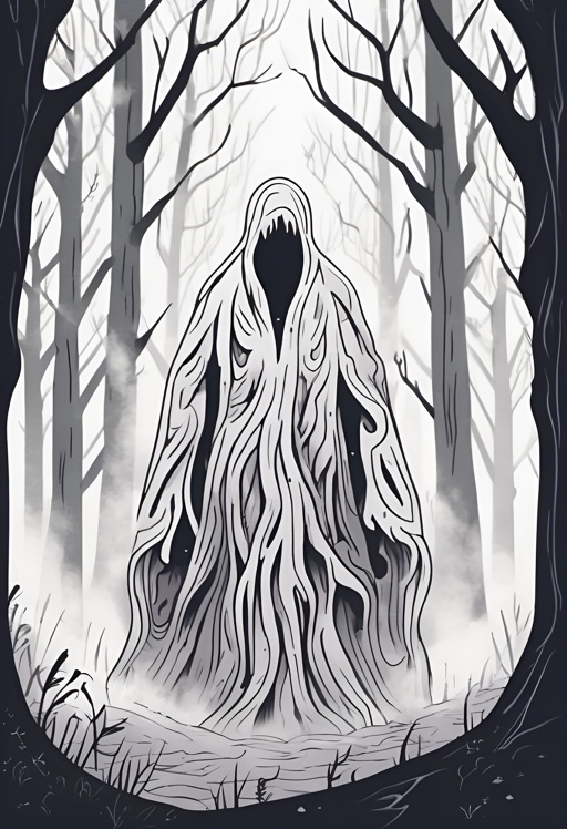 a drawing of a ghostly figure in a forest with trees