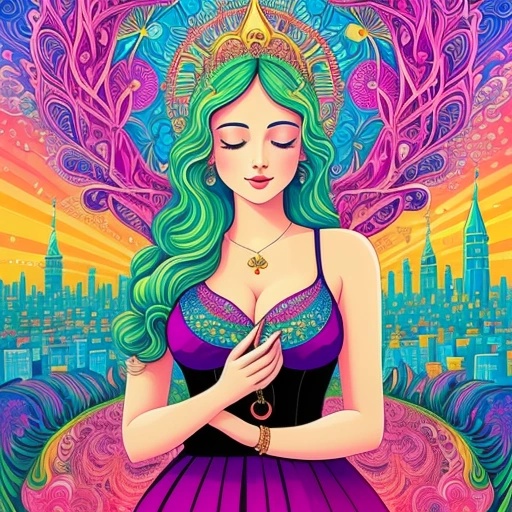 a woman with green hair and a purple dress is standing in front of a city