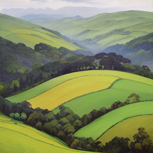 painting of a green hilly landscape with a few trees and hills