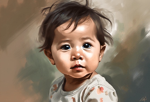 painting of a baby with a messy haircut and a white shirt
