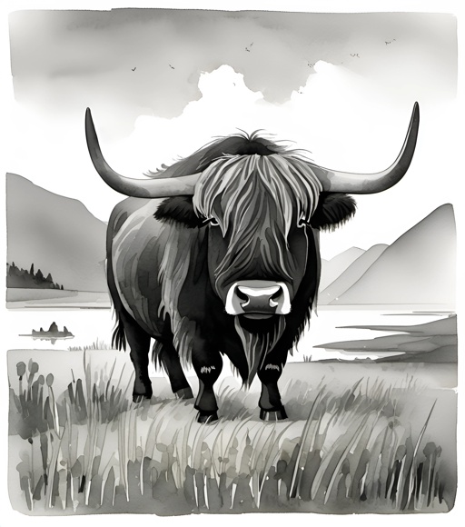 a black and white drawing of a bull standing in a field