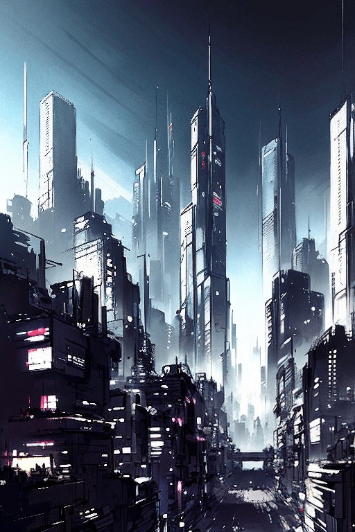 futuristic city with skyscrapers and a street at night